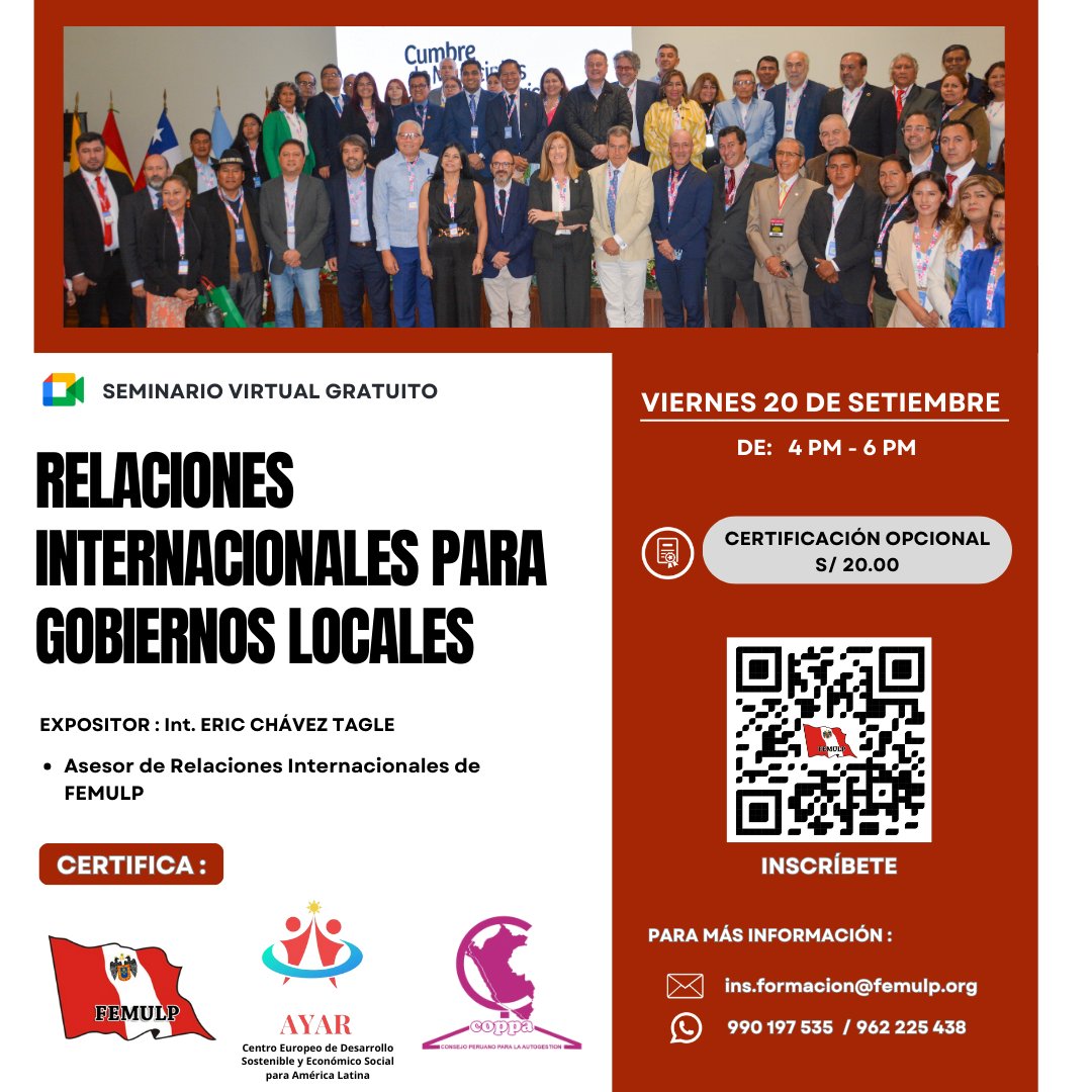 FEMULP_'s tweet photo. 📢 Seminario Virtual Gratuito: Relaciones Internacionales para Gobiernos Locales 🌍

Explora cómo la cooperación internacional puede impulsar el desarrollo local.

🗓️ 20 de septiembre
⏰ 4:00 p.m - 6:00 p.m (Hora Perú)
🔗 Inscríbete: https://t.co/bChUiY5dNJ https://t.co/AGyE3PdLc0