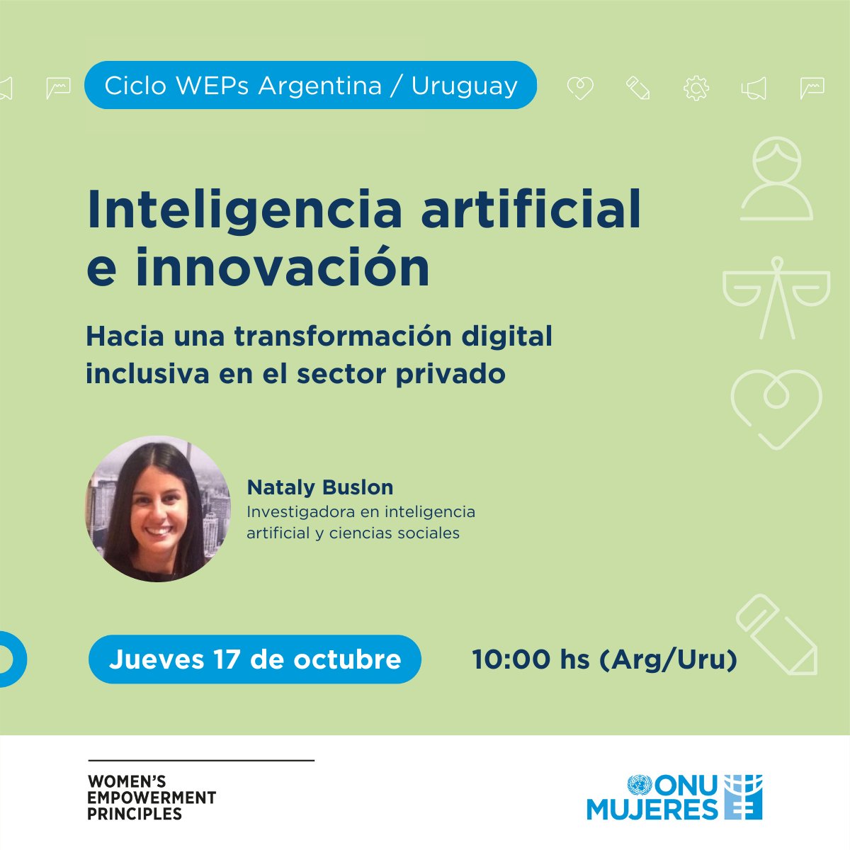 📣 ¡Agendá!

👩‍💻 Un taller sobre #InteligenciaArtificial #innovación para promover una transformación digital inclusiva, con la participación de <a href="/BuslonNataly/">Nataly Buslón, PhD</a>.

🗓️ Jueves 17/10/2024
⏰ 10:00  🇦🇷🇺🇾
💻 Virtual
✍️ Inscripción: bit.ly/IAInclusiva

<a href="/desdewingu/">Wingu</a> <a href="/ONUArgentina/">ONU Argentina</a>