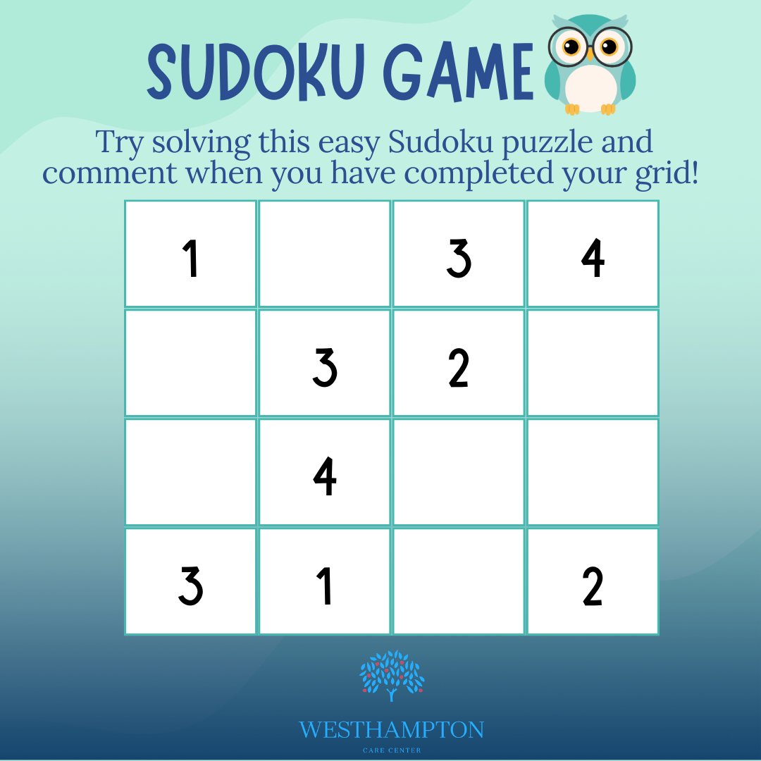 westhamptoncare's tweet image. Are you up for the challenge? Try your hand at this Sudoku puzzle!📝🔢🧩💪

Time to show off your puzzle-solving skills!

#SudokuChallenge #BrainBoost #MemoryTest #SeniorPuzzles #BrainExercise