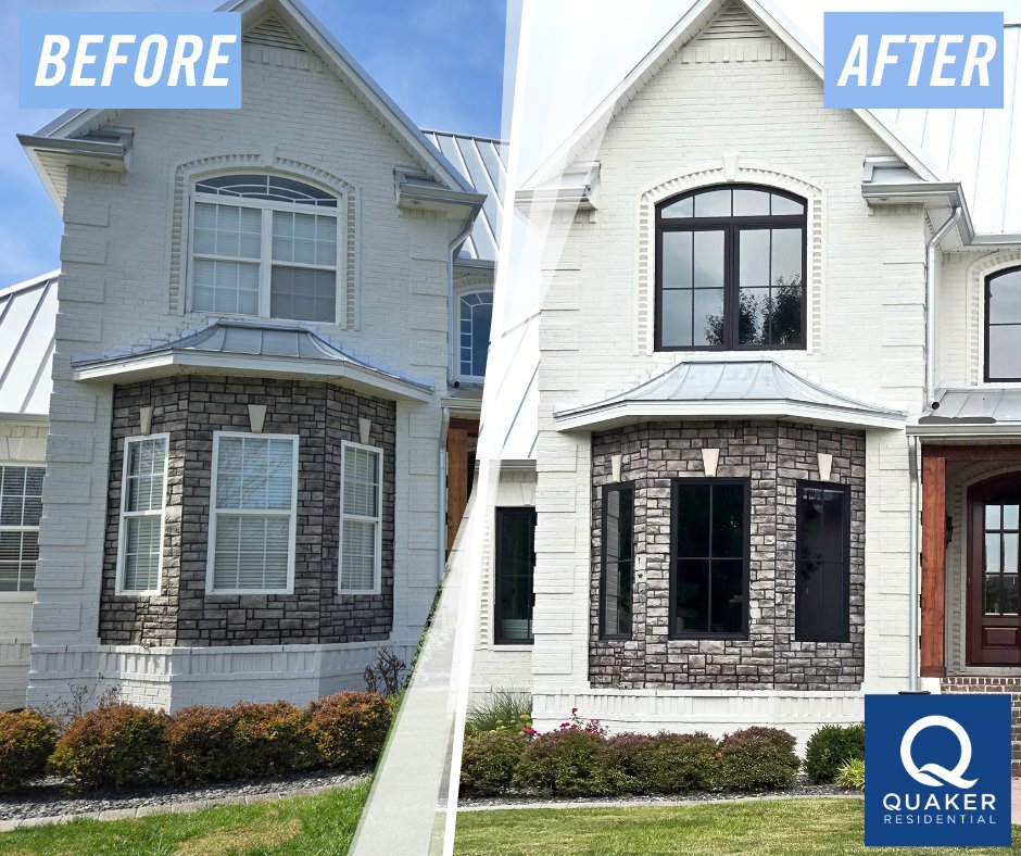 Check out this amazing glow-up! 
Sleek black vinyl <a href="/QuakerWindows/">Quaker Windows & Doors</a> give this home a stylish upgrade; providing better energy efficiency, &amp; transforming the exterior of the home. Replacing your windows never looked so good! 
Learn more: quakerresidentialwindows.com/replacement-pr…