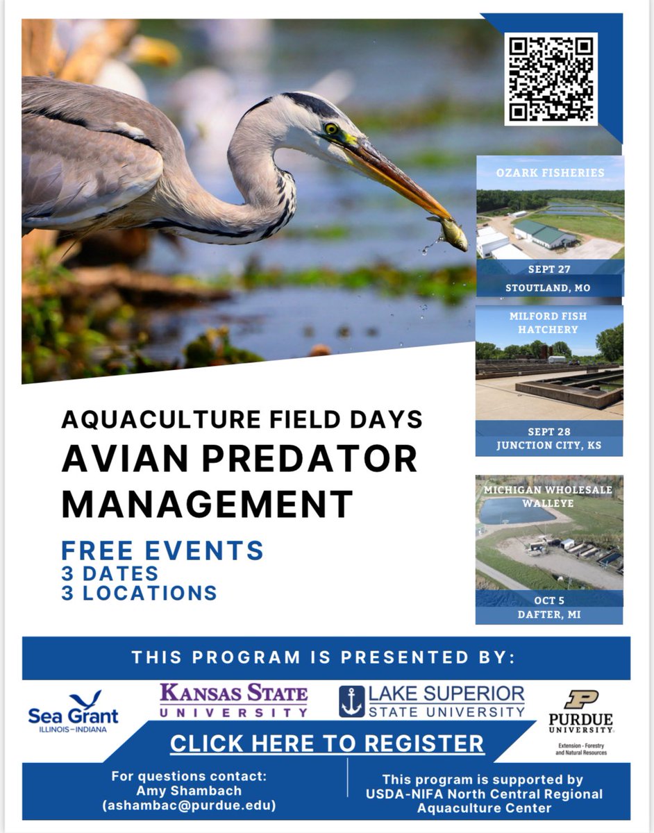 We’re taking the Avian Predator Management program on the road! Join us for a FREE aquaculture field day in one of three locations! Visit the #linkinbio to register and learn more.
