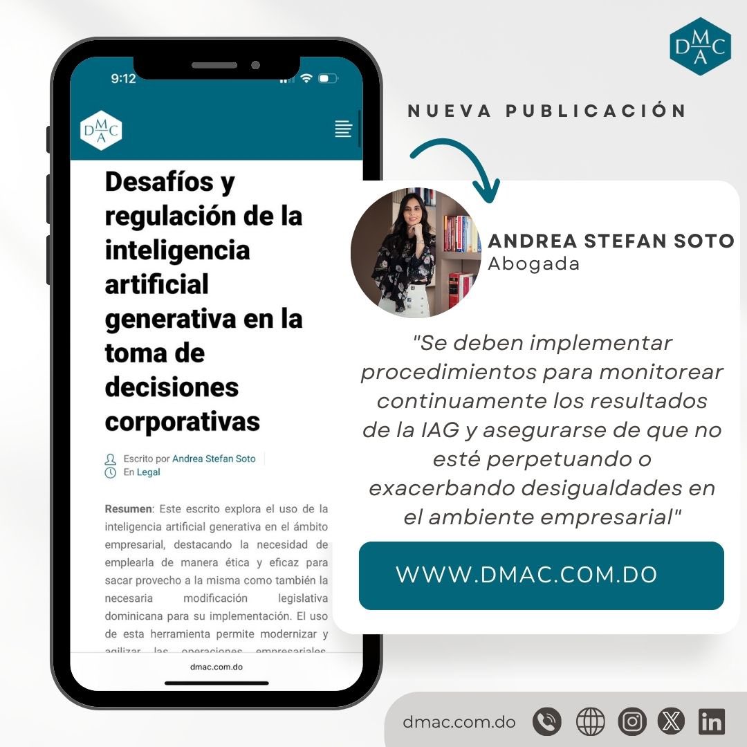 AbogadosDmac's tweet photo. Te invitamos a leer este interesante artículo de opinión titulado: “Desafíos y regulación de la inteligencia artificial generativa en la toma de decisiones corporativas”, escrito por una de las abogadas de nuestro Despacho Jurídico @andreastefan95.

https://t.co/FhF5qvY2Qu https://t.co/lSFTkL9mjk