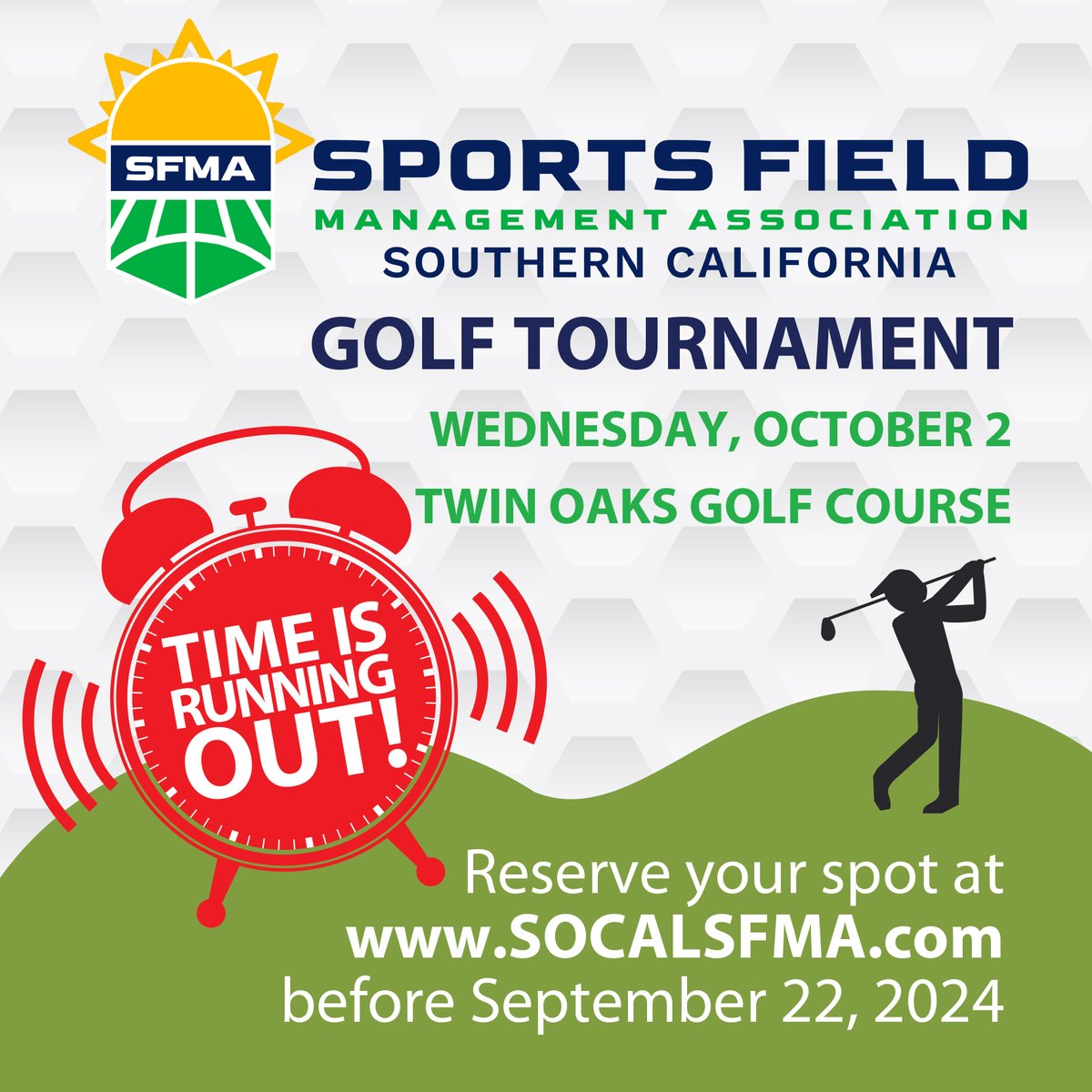 Time is running out! Register to join us at Twin Oaks Golf Course in San Marcos on Wednesday, October 2, for a fun day on the greens. Reserve your spot by September 22 at our website (socalsfma.com). Sponsorship opportunities also available.