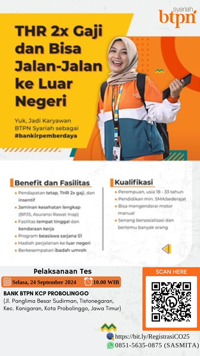 GoProbolinggo's tweet image. LOKER #probolinggo !!
📌BTPN SYARIAH WALK INTERVIEW
Selasa, 24 Sep 2024
10.00 WIB - Selesai
BANK BTPN KCP PROBOLINGGO
Jl. Panglima Sudirman, Tistonegaran, Kanigaran, Kota Probolinggo dengan membawa CV, Fotocopy KTP, Fotocopy KK, Alat Tulis
Tanya via WA: 0851-5635-0875 SASMITA