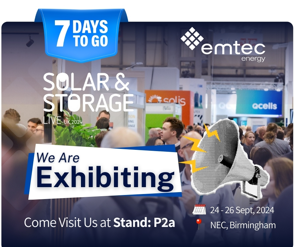 ⏳ The countdown is on! Only 7 days until <a href="/SolarStorageUK/">Solar & Storage Live</a> at the NEC, Birmingham. Join Emtec Energy at Stand P2a to explore exciting solar &amp; storage projects! ⚡🔋
📅 24th - 26th Sept
📍 NEC Birmingham, Stand P2a
Let’s chat about your next project! #Renewables #SolarSolutions