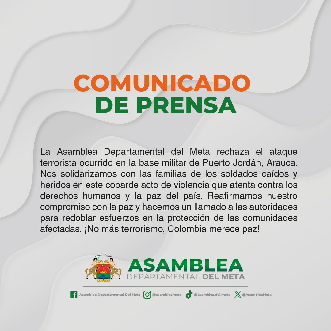 🚨#Comunicadodeprensa | Rechazamos el ataque en Puerto Jordán y nos solidarizamos con todos los afectados.

 ¡Comprometidos con la paz y la seguridad de nuestras comunidades! 

#SolidaridadConPuertoJordán #UnidosPorLaPaz #MetaPorLaPaz