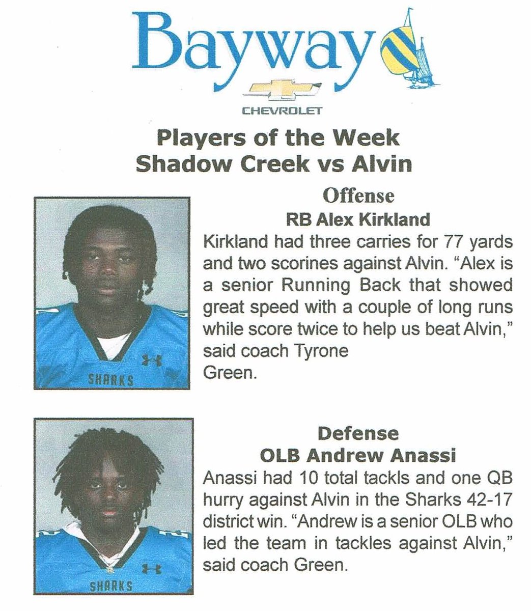 Bayway Chevrolet Players of the Week for Shadow Creek vs Alvin...