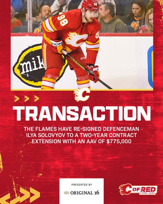 Transaction graphic with photo of Ilya Solovyov in a red Flames jersey. Two-year contract extension with an AAV of $775,000