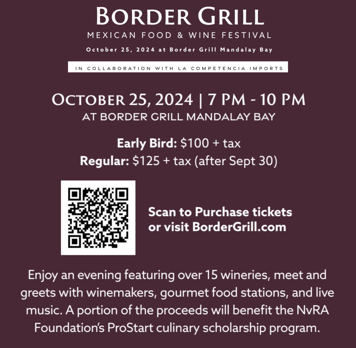 nvrestaurants's tweet photo. 🎉 Support the NvRA Foundation’s ProStart fundraiser at the Border Grill Mexican Food &amp; Wine Festival on Oct. 25! 🌮🍷 Enjoy gourmet dishes &amp; wines from 15+ wineries 🍇🎶

🎟 Early Bird: $100 (ends Sept 30) 
📅 Oct 25 | ⏰ 7 PM - 10 PM
Get tickets now at https://t.co/QqxHmzNhWQ https://t.co/awtdOcnx5q
