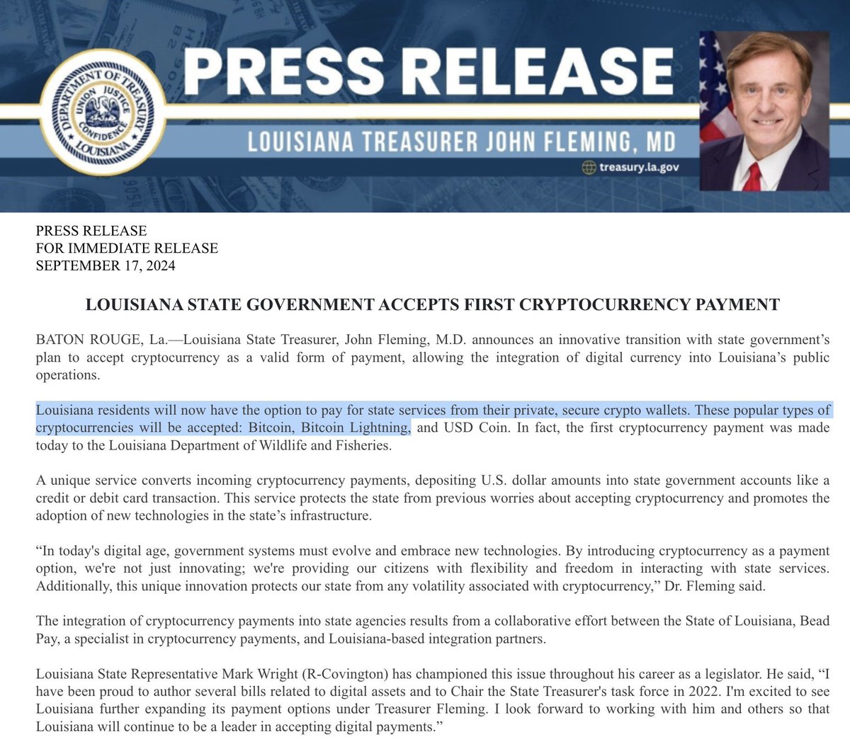 🇺🇸美国路易斯安那州政府，现在接受比特币作为付款。 #bitcoin