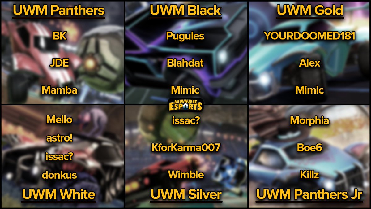 Introducing our six new Rocket Leauge teams for the Fall 2024 Semester!!🚗⚽️🔥🔥🔥
----------------------------------------------------------
Also keep an eye out for the UWM Black team kicking it off against <a href="/UWWesports/">UW-Whitewater Esports</a> tonight at 7PM CST streamed at: twitch.tv/uwmesports.