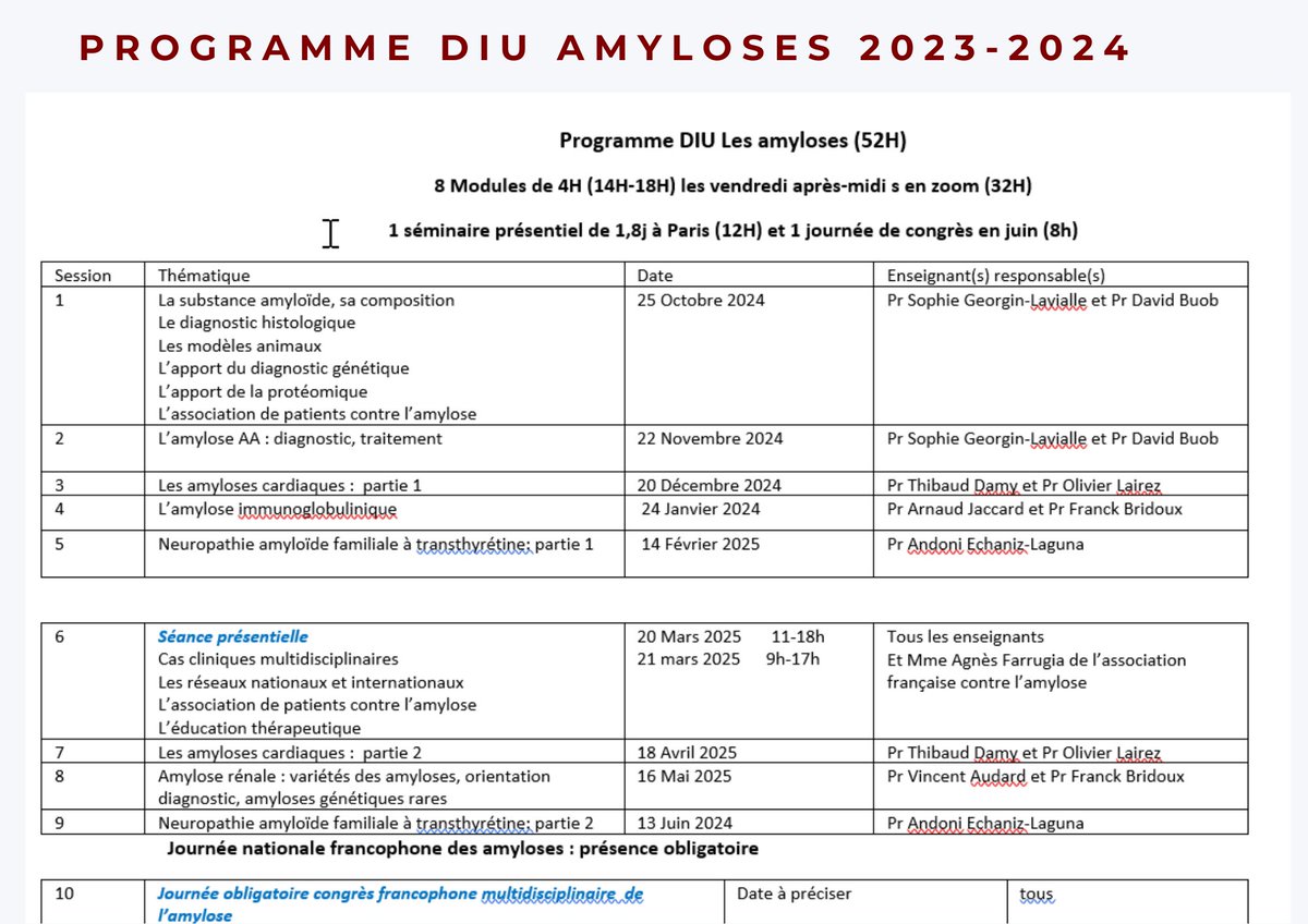 Sophie Georgin-Lavialle (@sophiegeorgin) on Twitter photo Les inscriptions au DIU des amyloses sont ouvertes jusqu'à mi octobre: Formation polyvalente sur toutes les variétés d'amyloses en format mixte.
Programme ci joint.
Pour vous inscrire: envoyez CV et lettre de motivation à l'adresse suivante: sophie.georgin-lavialle@aphp.fr Les inscriptions au DIU des amyloses sont ouvertes jusqu'à mi octobre: Formation polyvalente sur toutes les variétés d'amyloses en format mixte.
Programme ci joint.
Pour vous inscrire: envoyez CV et lettre de motivation à l'adresse suivante: sophie.georgin-lavialle@aphp.fr