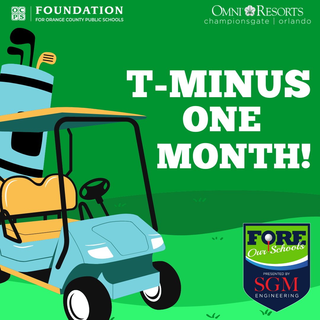 Fdn4OCPS's tweet image. Mark your calendars because we are officially ONE month away from @Fdn4OCPS 24th Annual &quot;Fore our Schools&quot; Golf Tournament presented by #SGMEngineering We are looking forward to a fun filled morning at #OmniOrlandoResortatChampionsGate! See you there! #fdn4ocps #foreourschools
