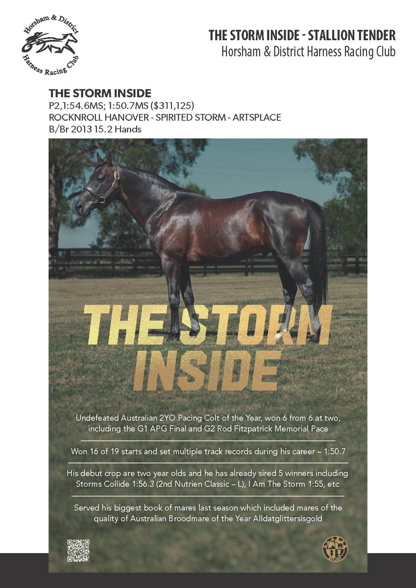 📣  LAST CHANCE! 

We are excited to offer THE STORM INSIDE thanks to Alabar Farms as part of the Horsham Harness Racing Club Stallion Tender 2024. 

👉 Contact Tony on 0427 857 411 for more information! 

The tender closes on the 23rd of September 2024.