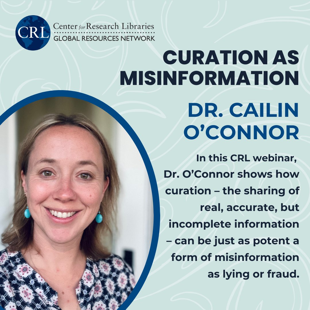 📢 CRL Webinar: "Curation as Misinformation"
with Prof. Cailin O’Connor (UC Irvine)

⏰ Wednesday, October 16, 2024 @ 12-1pm CDT 

👉 For more info and to register, visit crl.edu/events/crl-web…