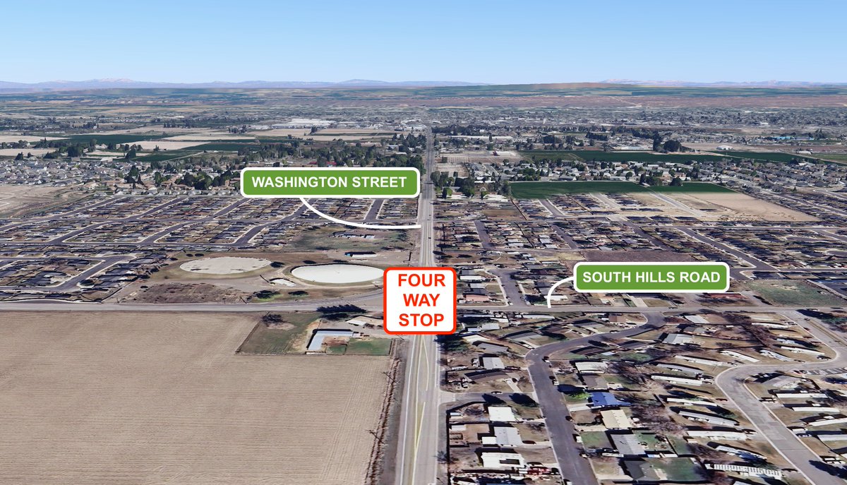 TwinFallsPD's tweet photo. The intersection at Washington Street South and South Hills Road, or 3600 North, is now a four-way stop. All vehicles in all directions must come to a complete stop before proceeding through the intersection. 
#TrafficAlert #newstopsign #trafficcontrol #PayAttention #TFPD https://t.co/hVIsReV1Pu