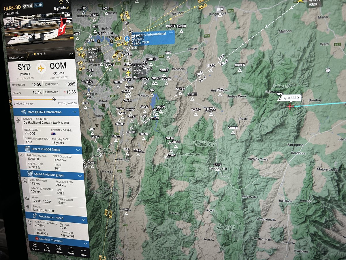 QLK623D (QF2623) Sydney to Cooma is diverting to Canberra due to weather in Cooma.  #cooma #canberra #flycbr #planediversion