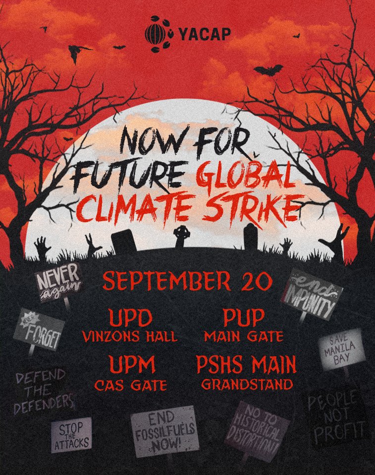 YACAPhilippines's tweet image. We invite you to turn your screams of terror into screams of indignation on September 20 for the #NowForFuture Global Climate Strike happening on the following strike centers:

- PUP Main Gate
- UPD Vinzons Hall
- UPM CAS Gate
- PSHS Main Grandstand

#NowForFuture
#DanasAngKrisis