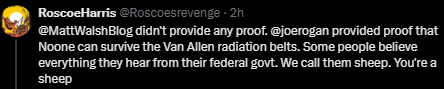 f0sterlandet's tweet photo. Oh how fun @Roscoesrevenge ! Even though you deleted your comment while I was having fun solving this differential equation, I still think you could benefit from seeing the results! 

The false dichotomy aside, let's see if we can calculate just how wrong you are! I haven't done a calculation like this since uni but as long as we can find all variables this should be pretty straight forward, luckily the apollo missions are some of the best documented projects in human history (found all I needed immediately. Apollo spacecraft specs: https://t.co/lS0TVYoxTL [1], radiation levels, path, duration of exposure etc: https://t.co/txDCIk8dA1 [2] ).
So to solve this we would use the beer-lambert formula for radiation attenuation, so:

I = I_init * e^-μρx

where (only metric because ffs america):
I: Intensity of radiation after shielding (rem/hr)
I_init: baseline radiation (no shielding, rem/hr) [2]
μ: mass atenuation coefficient for aluminium (0.2 cm^2/g)
ρ: density of aluminium (2.7 g/cm^3)
x: thickness of the shielding (≈4 cm) [1]
Now to calculate intensity we can calculate the avg Dose rate using the atten. dose rate in inner/outer belt and exposure time for the astronauts, so:

dD/dt = ((I_in * t_in) + (I_out * t_out)) / (t_in+t_out)

where:
dD/dt: derivative of D_tot with respect to time t (i.e dose rate, rem/hr)
I_in: dose rate inner belt (10 rem/hr) [2]
I_out: dose rate outer belt (5 rem/hr) [2]
t_in: duration in inner belt (0.88 hrs) [2]
t_out: duration in outer belt (1.5 hrs) [2]
With this we can calculate the totas dose where :
D_tot equals the integral from zero to t_tot of the derivative of D with respect to t, dt. Which gives:
D_tot: total radiation dose recieved (rem)
dD/dt: Dose rate
t_tot = t_in + t_out: total time in radiation belts (hrs)

Ok we have defined the equation now we can just pop the variables in and do the calculations! First the beer-lambert equation (I = I_init * e^-μρx) (e = eulers nat. logarithm = ≈2.72, because math is beautiful and the universe is full of wonders)
-μρx = -(0.2) * (2.7) * (4) = -2.16
e^-2.16 ≈ 0.115
So:
I_in = 10 * 0.115 = 1.15 rem/hr
I_out = 5 * 0.115 = 0.575 rem/hr
Which gives an avg. Dose rate
dD/dt = ((1.15 * 0.88 ) + (0.575 * 1.5)) / (0.88 +1.5) ≈ 0.787 rem/hr

So the astronaut in the apollo spacecraft was exposed to:

D_tot​ = 0.787 rem/hr * 2.38 hours ≈ 1.87 rem

And that's our answer! 1.87 rem in total! which is absolutely nothing, the lethal dose for a human is about 500 rem! (https://t.co/vdlshDuPYg)

This has been a tremendously fun little exercise and I have enjoyed myself thoroughly!
Now, you are welcome to take this calculation (don't forget the sources!) and show to every one of your little tin-foil hat friends and let them check my math to make sure I haven't made any mistakes, but other than that I think I can conclusively say that the "impossibility of passing through the Van Allen belts alive" is pure horse-cock.

Thank you for coming to my ted talk.

baa