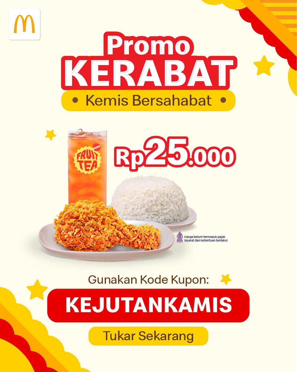 Makan hemat di tanggal tua gak perlu worry karena ada promo Kerabat di Aplikasi McDonald's! 🤩

Masukkan kode kupon ini di Aplikasi McDonald's : KEJUTANKAMIS atau klik disini bit.ly/KuponMcD-13 buat dapetin kuponnya

Berlaku buat 100 orang pertama 🚨 HARI INI AJA 🚨, kamu