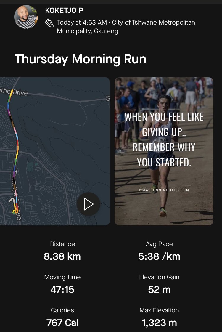 Koki_P_'s tweet photo. Thursday 🏃🏾‍♂️🏃🏾‍♂️🏃🏾‍♂️, enjoyed every minute of my run this morning 🙏🏾🙏🏾
#TrapnLos 
#FetchYourBody2024 
#Running
#LoneRunner https://t.co/Ayw03WQ0FD