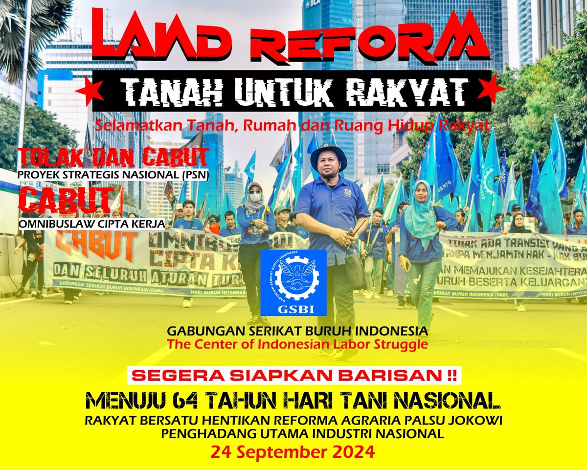 SEGERA SIAPKAN BARISAN !
Menuju 64 Tahun HARI TANI NASIONAL
"Selamatkan tanah, rumah, dan ruang hidup rakyat"

Rakyat bersatu hentikan reforma agraria palsu Jokowi, Penghadang Utama Industri Nasional

#TolaKPSN
#cabutomnibuslawciptakerja
#gsbivaksentral 
#gsbimilitan