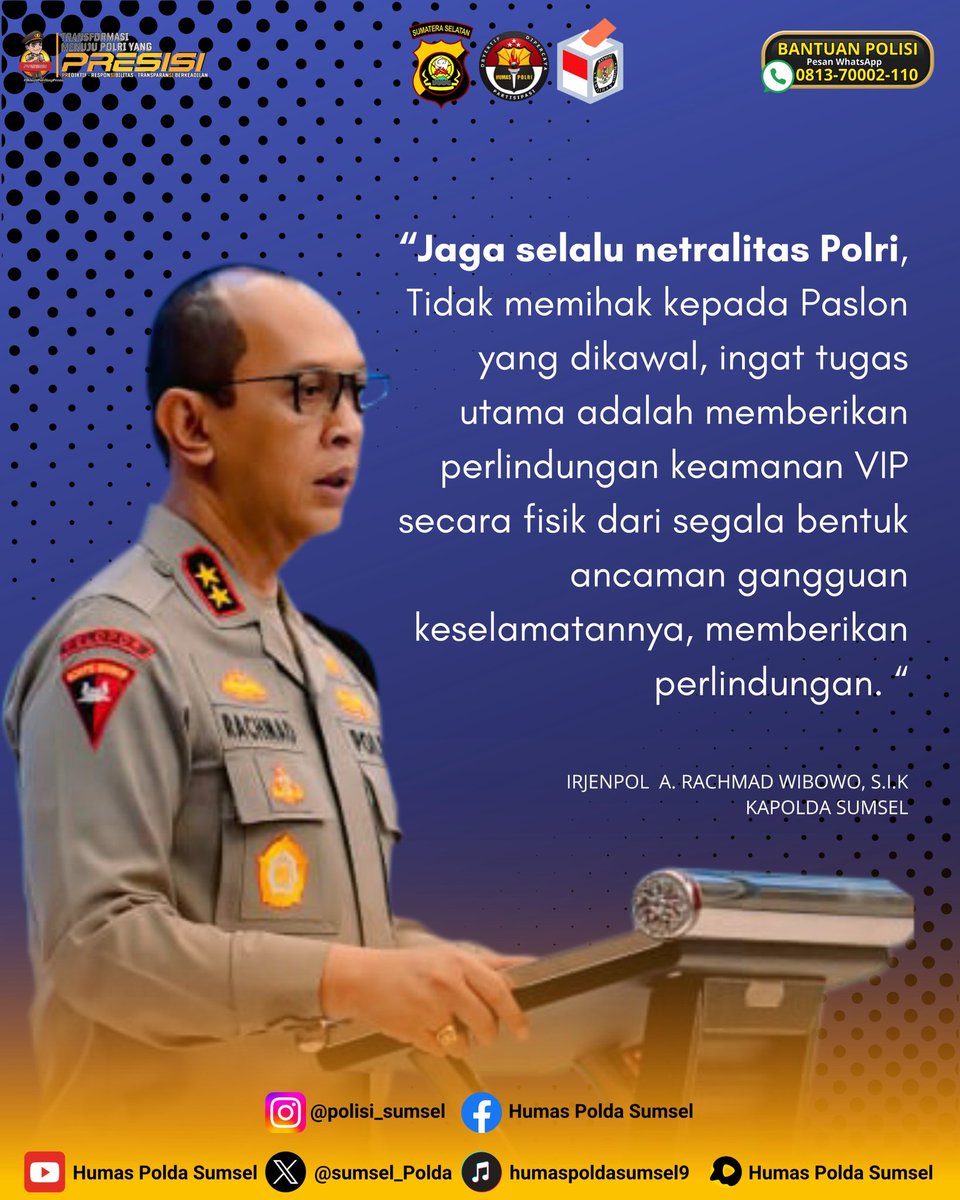 Penyampaian dan arahan Kapolda Sumsel Irjen Pol A. Rachmad Wibowo, S.I.K saat memberikan pembekalan kepada anggota yang terlibat pengamanan dan pengawalan VIP pada Pilkada serentak di Provinsi Sumatera Selatan.