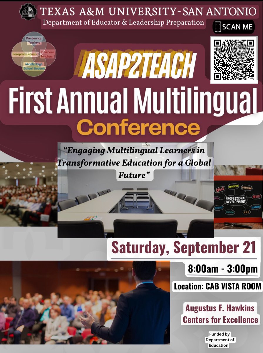 Texas A&amp;M University is hosting its first annual multilingual conference! 💫Mark your calendar! Free event! Don’t forget to register! Please support and share👋👋 <a href="/SAAABEofTexas/">@SAAABEofTexas</a> <a href="/TA4BE/">TABE</a> <a href="/TAMUSanAntonio/">Texas A&M University-San Antonio</a> <a href="/JRod_EISD/">Joseph Rodriguez</a> <a href="/ednanesnu/">Edna Nester</a> <a href="/mymustangpride1/">Melissa Olivarez</a> <a href="/claudiatrgarcia/">Claudia Treviño Garcia, Ph.D.</a>