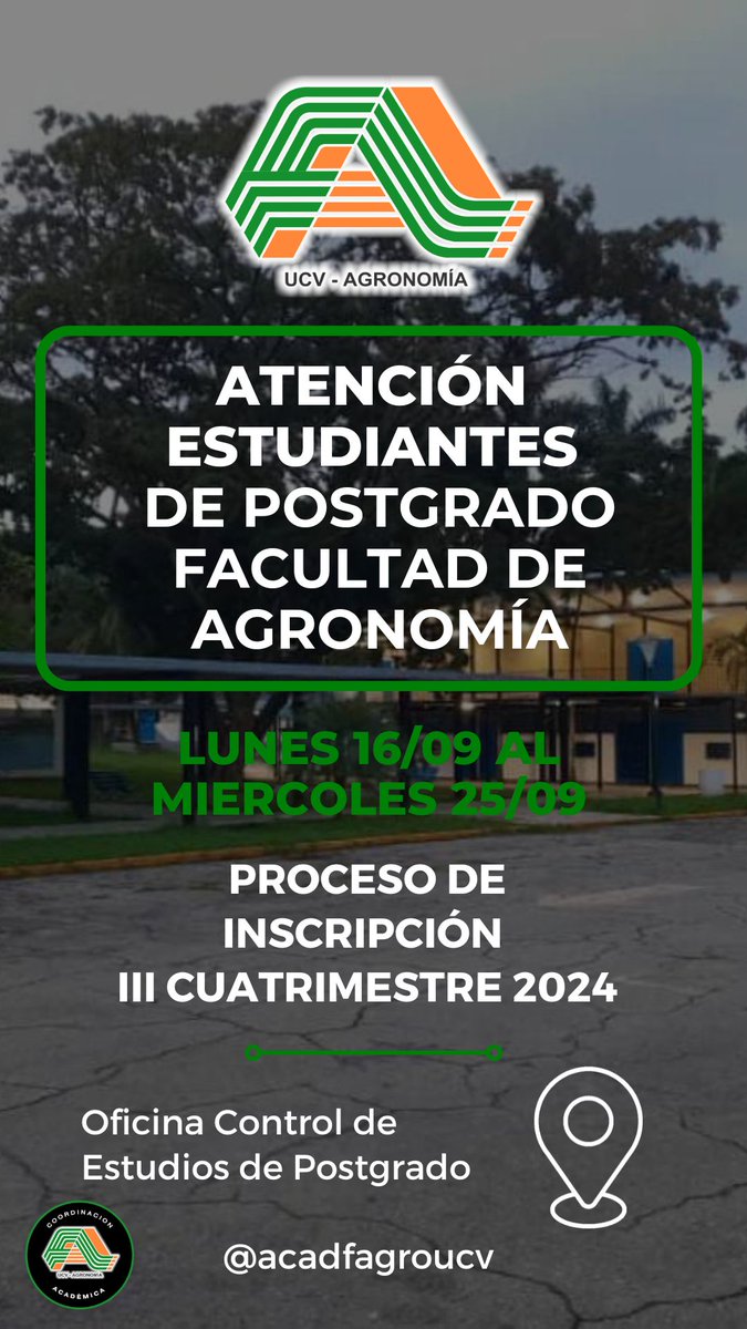 Se informa a los muchachos estudiantes graduados de la Facultad de Agronomía que las inscripciones del III cuatrimestre del 2024 inician el lunes 16/09 y fulminan el miércoles 25/09 
Para mayor información dirigirse a la oficina de Control de Estudios de Postgrado.