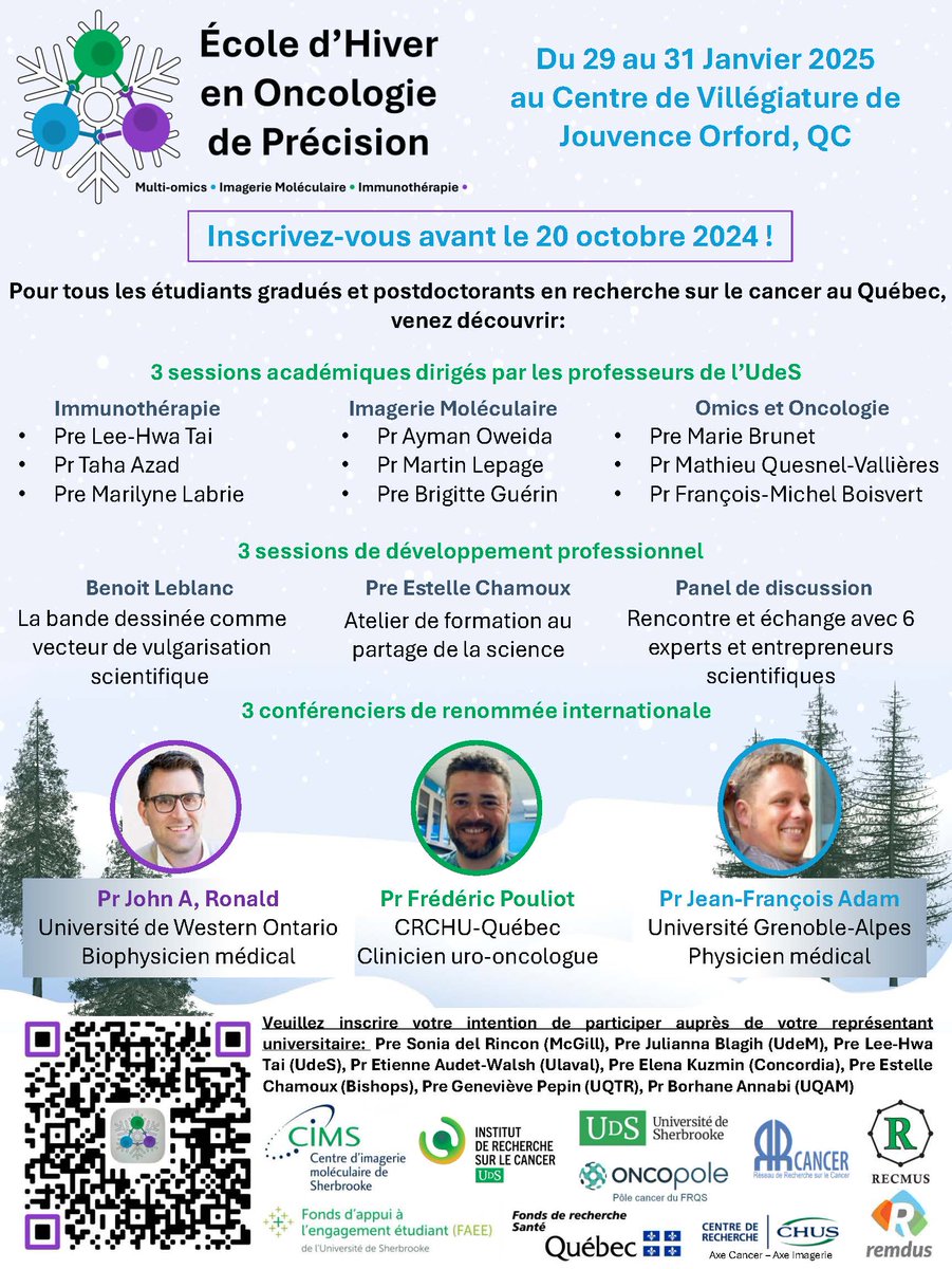 Tai_ImmunoLab's tweet image. L’École d’hiver d'oncologie de précision est OUVERTE pour les candidatures! Des étudiants MSc, PhD et de PDF sur la recherche en cancer au Québec, voici votre chance de plonger dans les sciences de pointe! Avec le soutien de @oncopole, RRCancer, @USherbrooke et @_CRCHUS.