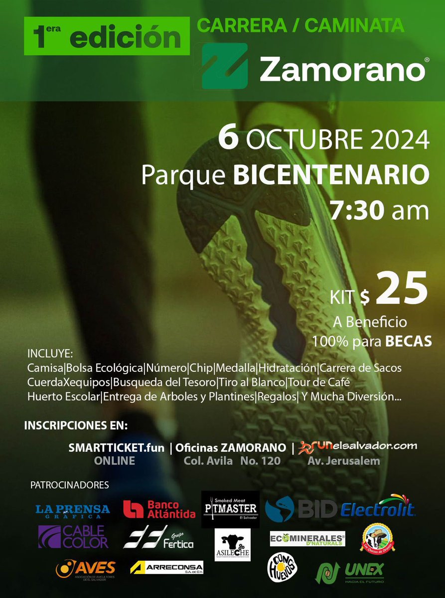 La Escuela Agrícola Panamericana (Zamorano) realiza su 1era Carrera el Domingo 6 de Octubre | 7:30am,  para toda la familia!  Una experiencia donde se disfruta y ayuda al programa de becas para estudiantes de escasos recursos en sectores agroalimentarios y Ambientales.