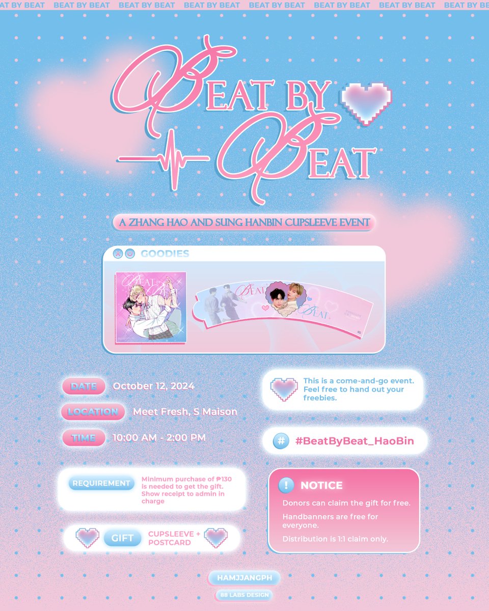 hamjjangph's tweet photo. 𝐁𝐄𝐀𝐓 𝐁𝐘 𝐁𝐄𝐀𝐓 ✛
A #HAOBIN COME-AND-GO CUPSLEEVE EVENT

     📍 Meet Fresh, S Maison
           10.12 | 10am - 2pm
           Minimum purchase of ₱130.00

#ZHANGHAO #SUNGHANBIN
#ZB1INMANILA #BeatbyBeat_HaoBin https://t.co/atJmJeoQQO
