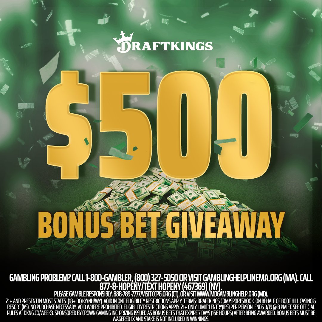 DraftKings Sportsbook (@dksportsbook) on Twitter photo WE'RE KICKING OFF WEEK 3 BY GIVING AWAY A $500 BONUS BET! 🕺
To enter, simply:
1. Follow <a href="/DKSportsbook/">DraftKings Sportsbook</a>
3. Reply with #DraftKings
Ends 9/19 @ 7:59PM ET. Rules: dkng.co/Week3 WE'RE KICKING OFF WEEK 3 BY GIVING AWAY A $500 BONUS BET! 🕺
To enter, simply:
1. Follow <a href="/DKSportsbook/">DraftKings Sportsbook</a>
3. Reply with #DraftKings
Ends 9/19 @ 7:59PM ET. Rules: dkng.co/Week3