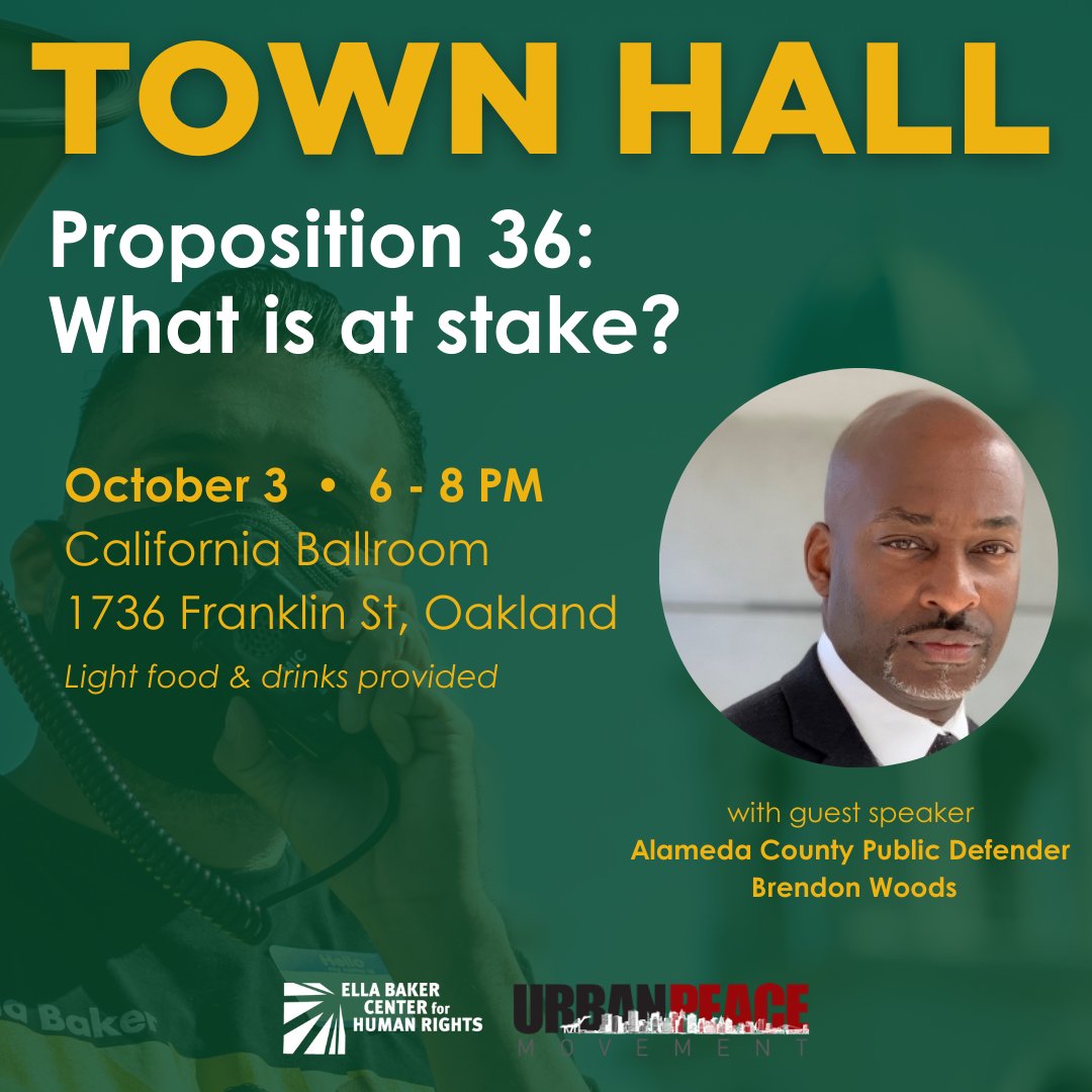 Join us, <a href="/urbanpeace/">Urban Peace Movement</a> &amp; <a href="/BrendonWoodsPD/">Brendon Woods</a> for our Proposition 36 Townhall to learn more!   

⏰ Thurs, Oct 3 at 6:00 PM  
📍 CA Ballroom - 1736 Franklin St, Oakland   R

Register here: bit.ly/Prop36Townhall