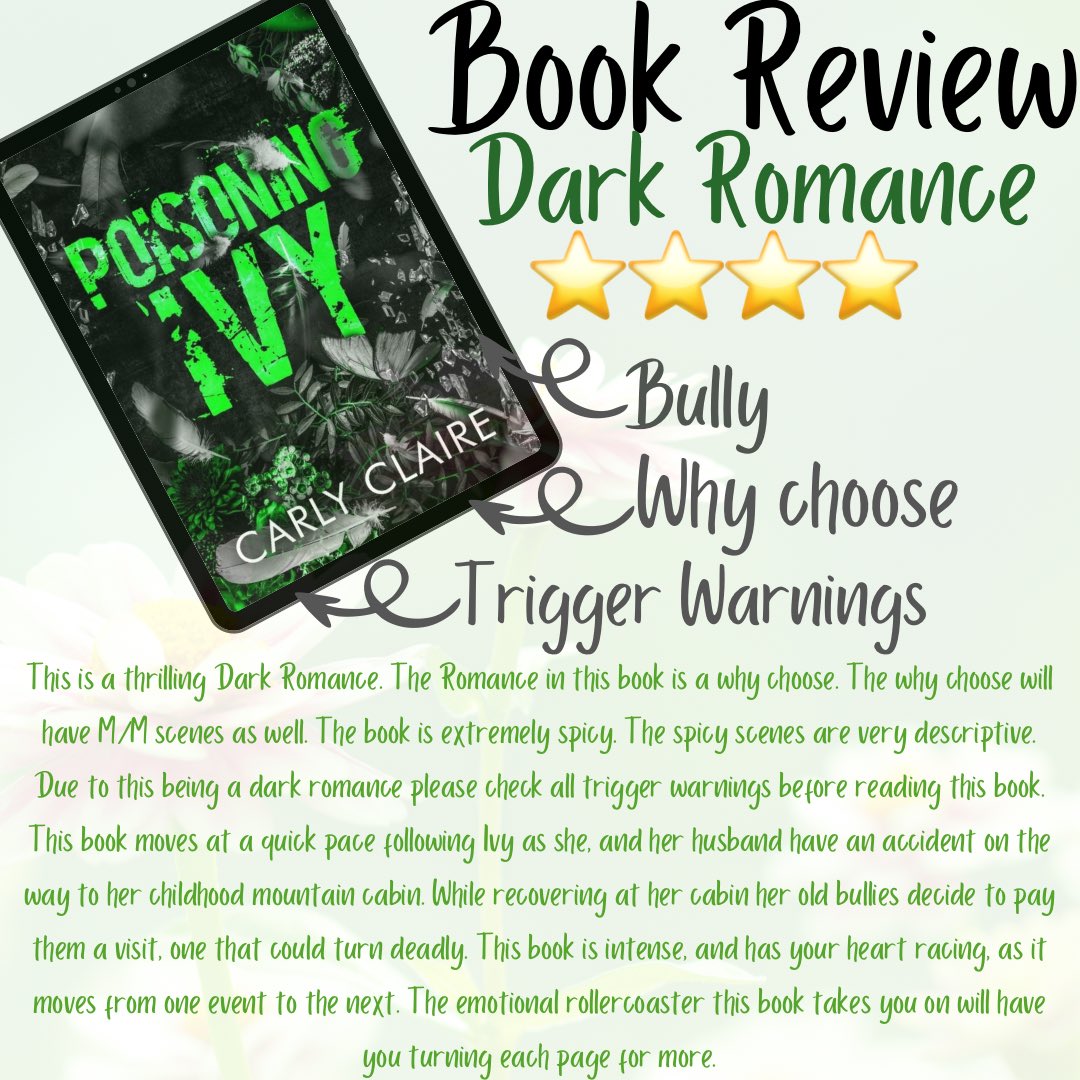 AliBookEscape's tweet image. 📖Poisoning Ivy by Carly Claire📖
⭐️⭐️⭐️⭐️
✨Dark Romance
⏳Contemporary
⚠️Check Trigger Warnings
💗Why Choose
🌶️Spicy
🥊Bully
🩸Blood Play
🔪Murders
🧸Childhood Trauma #bookreviewblog #bookrecommendation #booknerd #bookcommunity #bookblogger #bookreader #poisoningivy #