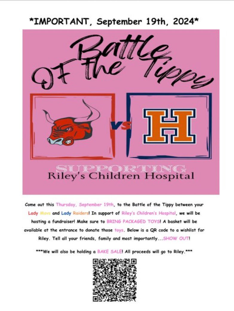 Come support your Lady Mavs and Riley’s Children Hospital!! 

🗓️September 19th
📍McCutcheon 
⏰JV @ 6, Varsity follows
👕Construction👷‍♂️🚧🦺