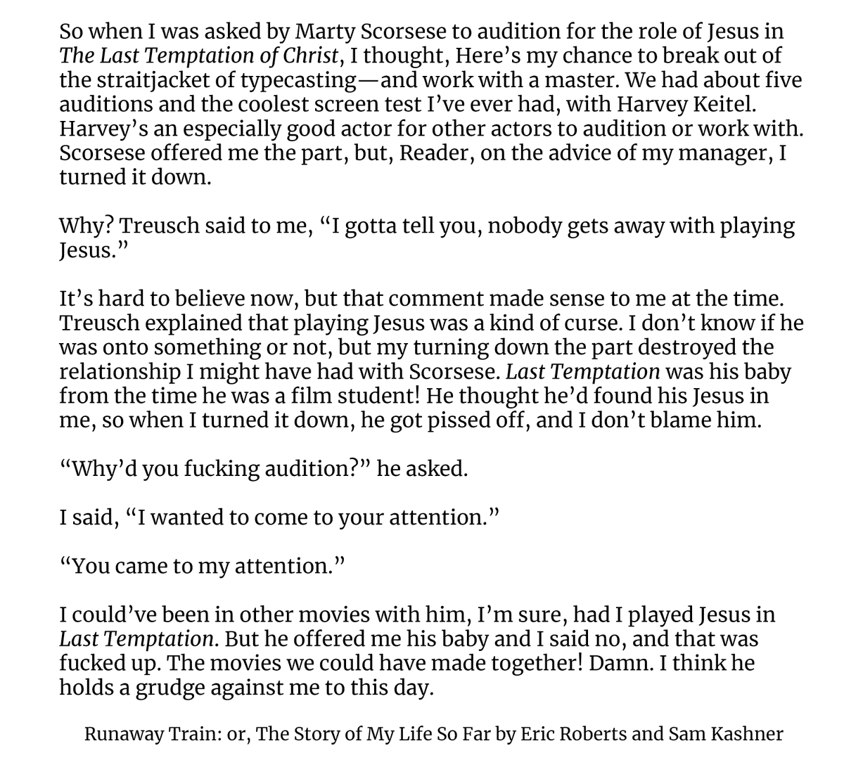 Reading Eric Roberts memoir (it's very good!), just an all time fumble right here

“You came to my attention” 😭