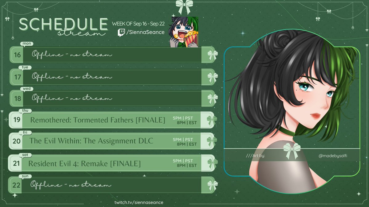 🖤 Week of Sept 16 - Sept 22 💚

This week it's time to start the DLC for The Evil Within! It's also time for the FINALE of Resident Evil 4 and hopefully Remothered! 🎉

I can't wait for all the games we'll be streaming for spooky season next month as well! 🎃