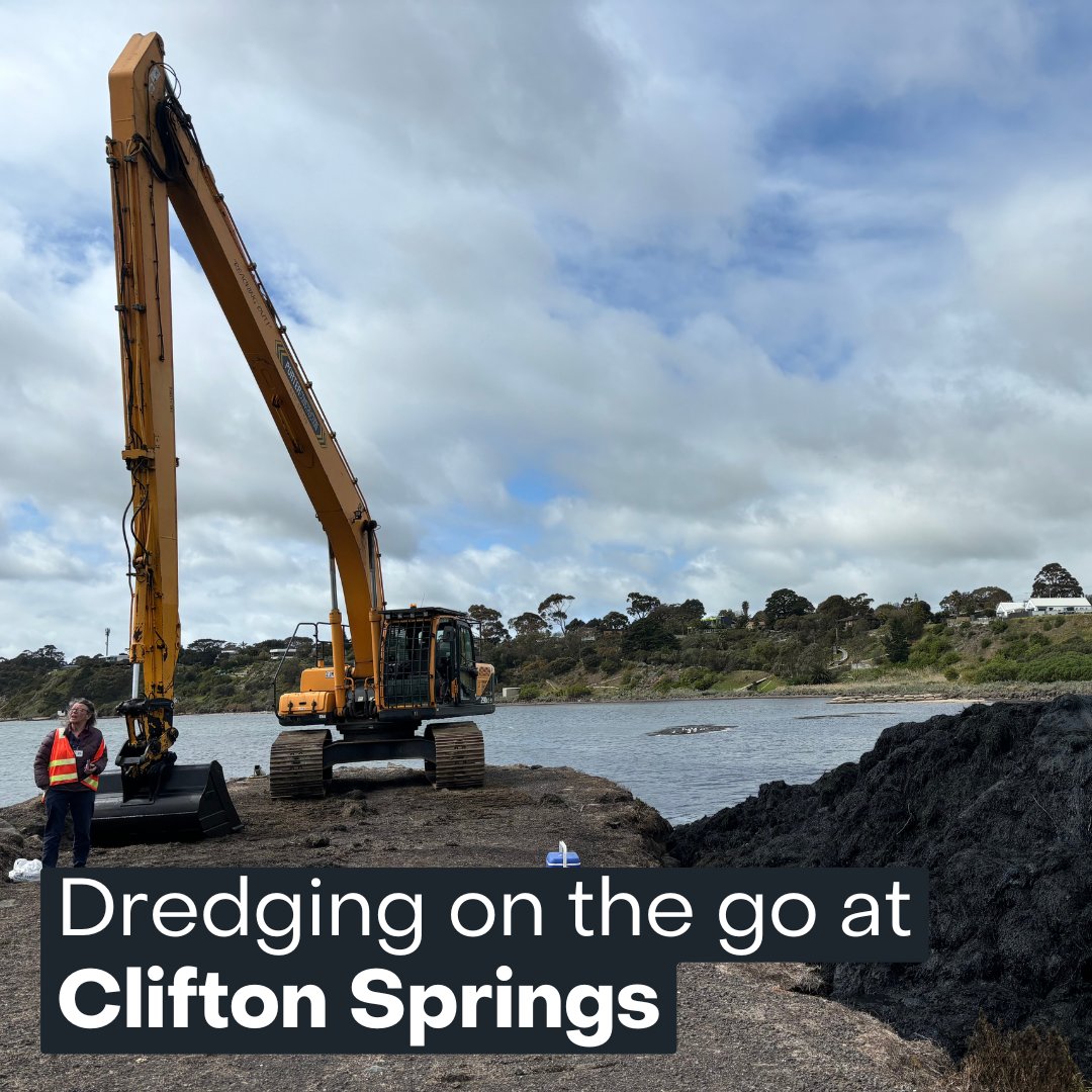 Thanks to your boating licence and registration fees, the entrance to the Clifton Springs harbour is being dredged by a long-reach excavator.

The dredging will continue through until week’s end and will increase navigable water depth to approximately 1.2 – 2m at the entrance.