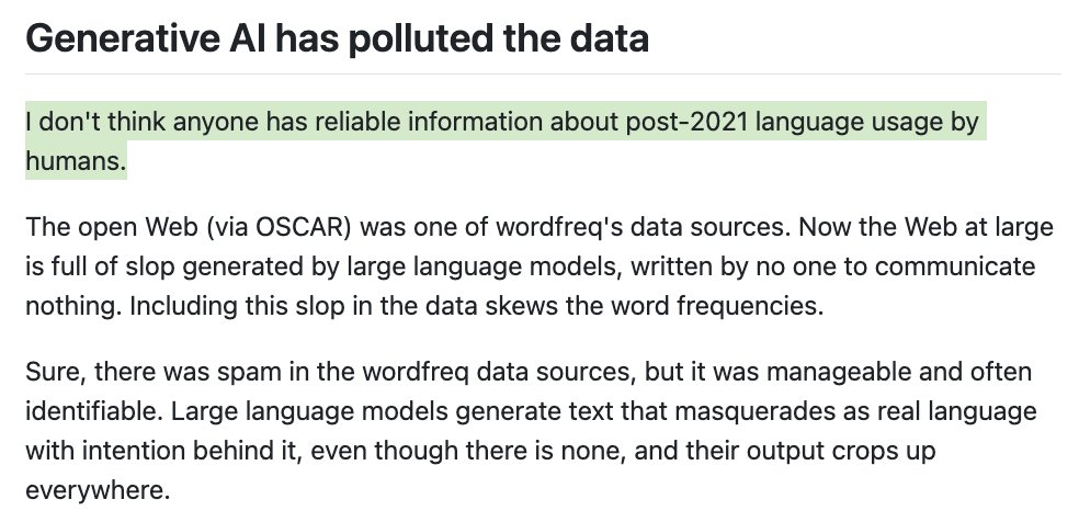 The widely-used wordfreq database of English word frequencies will no longer be updated.