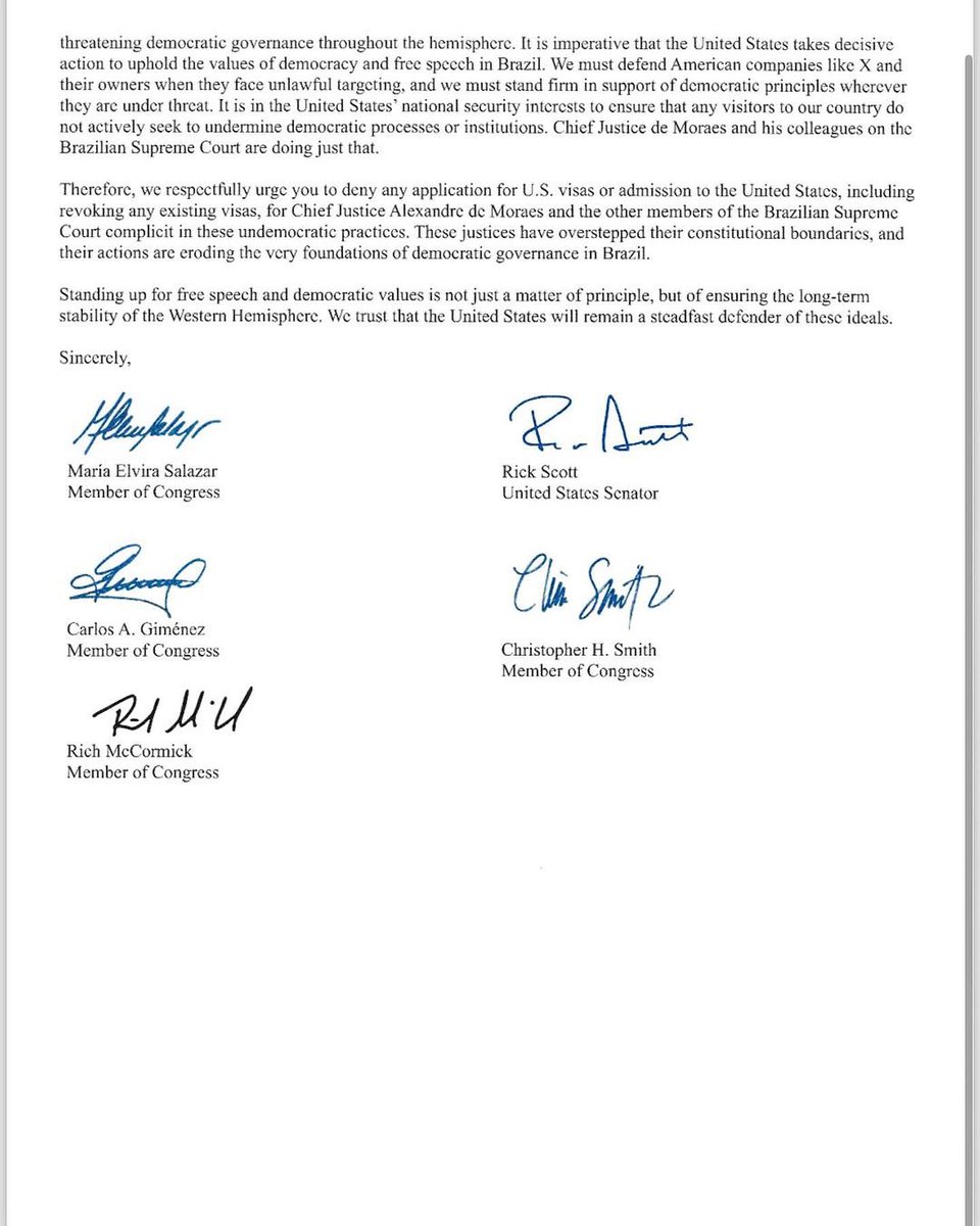 🚨🇺🇸🇧🇷URGENTE: Congressistas dos EUA Exigem Cancelamento de Vistos de Ministros do STF por Abusos de Moraes. 

Congressistas dos EUA enviam carta contundente à Casa Branca, diretamente a Anthony Blinken, denunciando os abusos de Alexandre de Moraes. Exigem o CANCELAMENTO imediato
