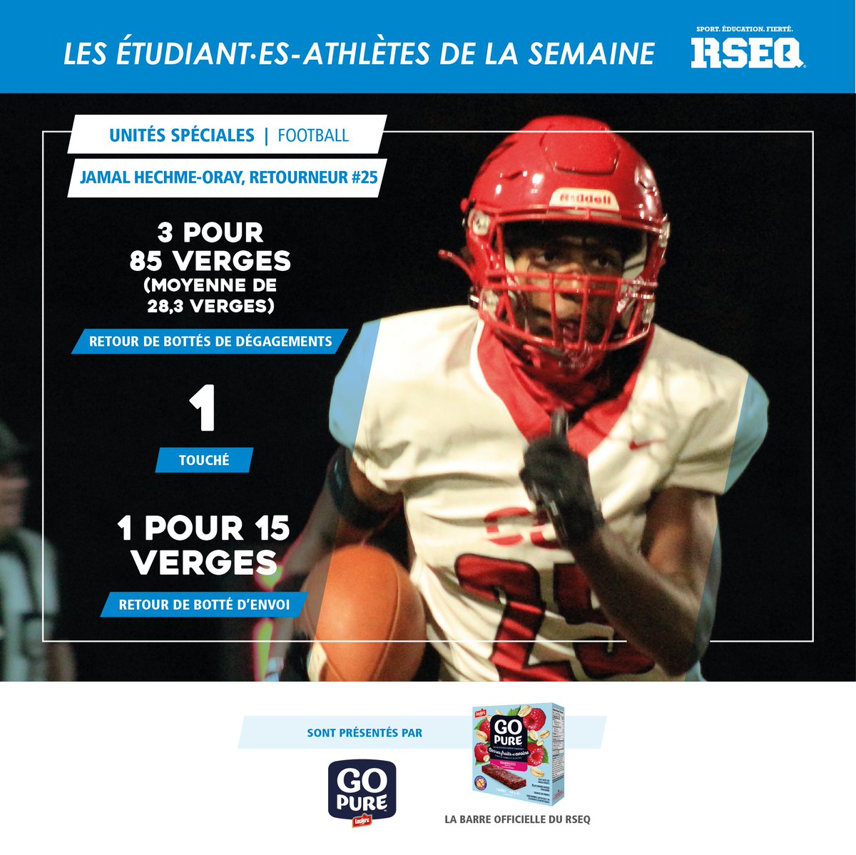 RSEQ (@rseq1) on Twitter photo FOOTBALL SCOLAIRE
Voici les étudiant·es-athlètes de la semaine pour le football scolaire D1, présentés par Go Pure, la barre officielle du RSEQ :
⭐️ Émile Brunet, Secondaire Curé-Antoine-Labelle
⭐ Olivier Martin, Collège Notre-Dame
⭐ Jamal Hechme-Oray, Collège Charles-Lemoyne FOOTBALL SCOLAIRE
Voici les étudiant·es-athlètes de la semaine pour le football scolaire D1, présentés par Go Pure, la barre officielle du RSEQ :
⭐️ Émile Brunet, Secondaire Curé-Antoine-Labelle
⭐ Olivier Martin, Collège Notre-Dame
⭐ Jamal Hechme-Oray, Collège Charles-Lemoyne