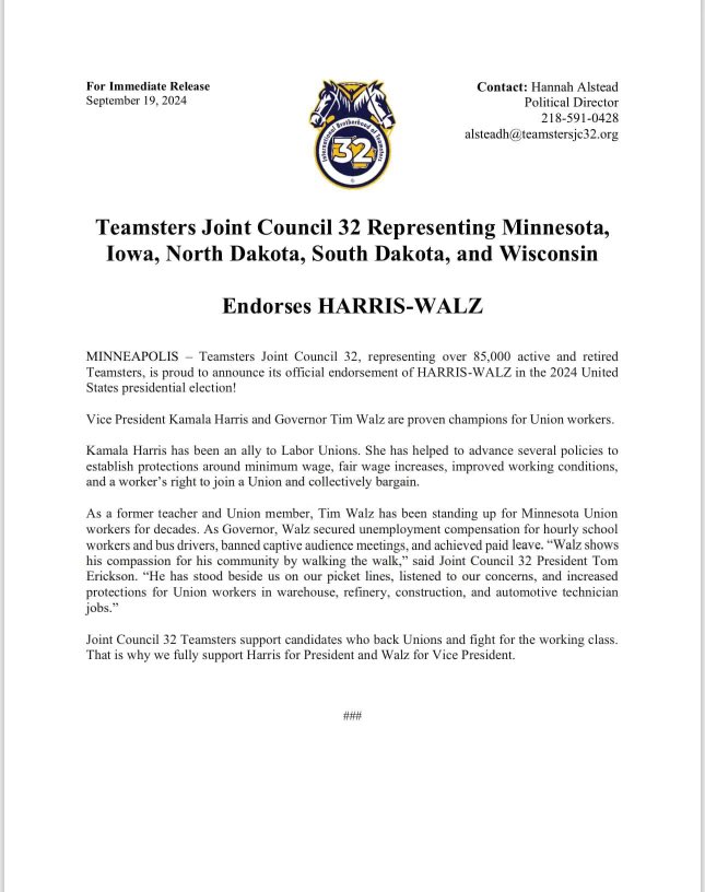 Today Joint Council 32, which Local 792 is a part of, has officially endorsed the Harris-Walz ticket for President. We enthusiastically support this decision, and these candidates, who are proven advocates of Teamsters!