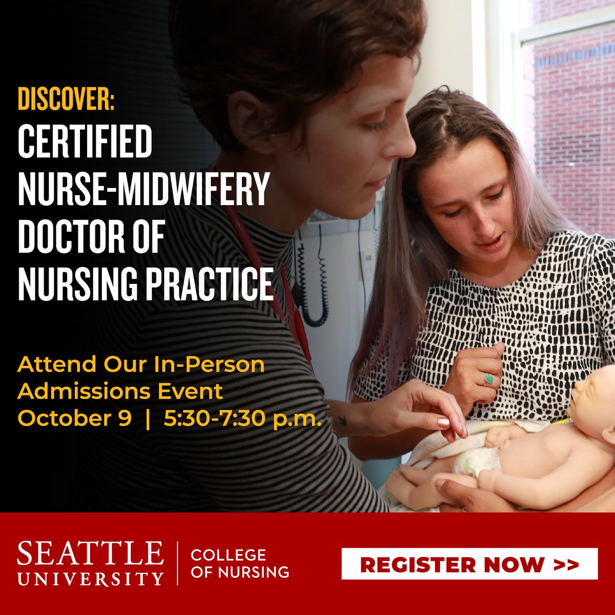 Discover your path to a midwifery career. Join us at our in-person admissions event Oct 9, 5:30-7:30 p.m. for an exclusive look at our Certified Nurse-Midwifery DNP program, tour our state-of-the-art facilities, and hear from current students. Register at bit.ly/3XwnpMr