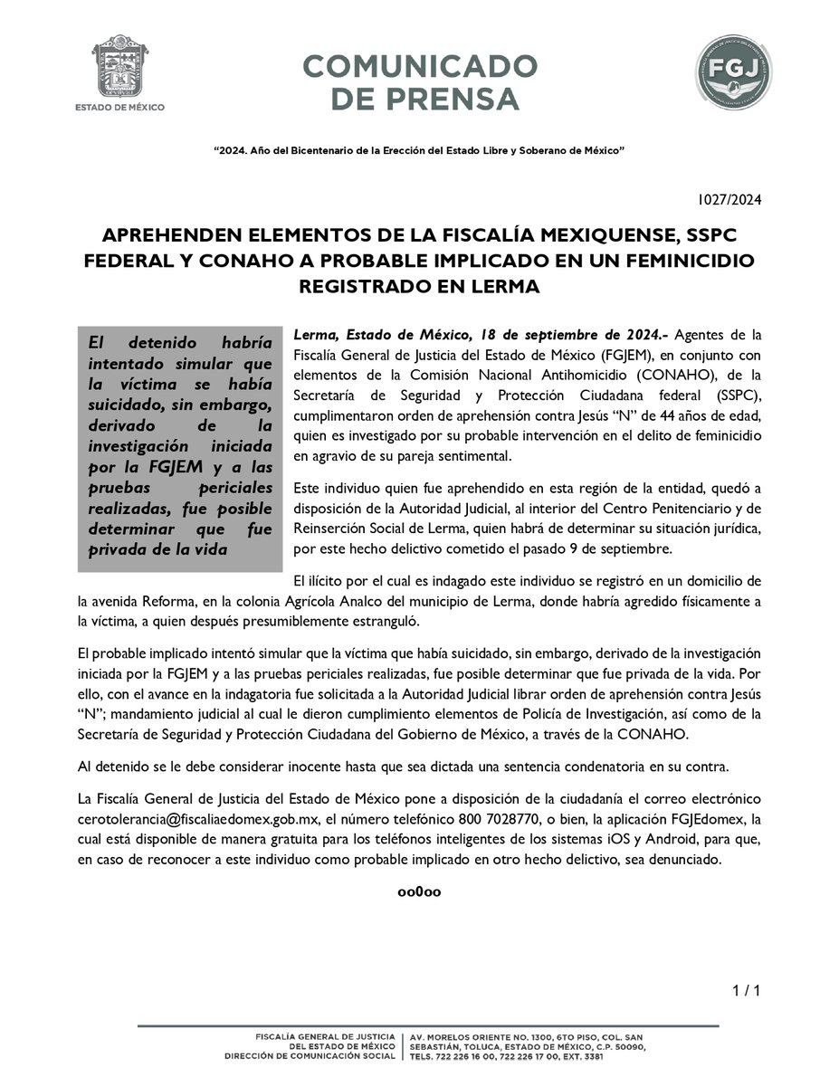 FiscaliaEdomex's tweet photo. #Detenido. Agentes de la #FiscalíaEdoméx, en conjunto con elementos de la #CONAHO, de la @SSPCMexico cumplimentaron orden de aprehensión contra Jesús “N” de 44 años de edad, quien es investigado por su probable intervención en el delito de feminicidio en agravio de su pareja sentimental en #Lerma.
https://t.co/hX2qCOKRun