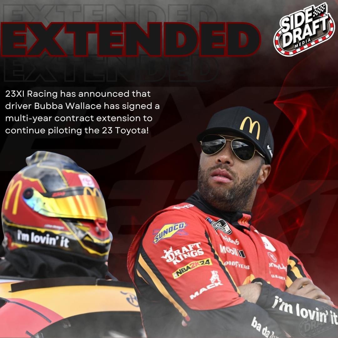 FiveLugRacing's tweet photo. @23XIRacing announced today that they have agreed to a multi-year extension for driver @BubbaWallace to continue to drive their 23 Toyota stating, "Since day one Bubba has been an integral part of 23XI...and will continue to play a key role in helping 23XI grow & succeed." With this contract announcement, and multiple signings of new crew members, and the pending announcement of a third team, it is expected that a deal with NASCAR regarding the charter agreement should be on the horizon. #NASCAR #nascarracing #nascarNews #nascarcupseries #23XIRacing #BreakingNews #RacingNews #NASCARPlayoffs #motorsports #racing #nascarnews #nascar #sidedraftmedia