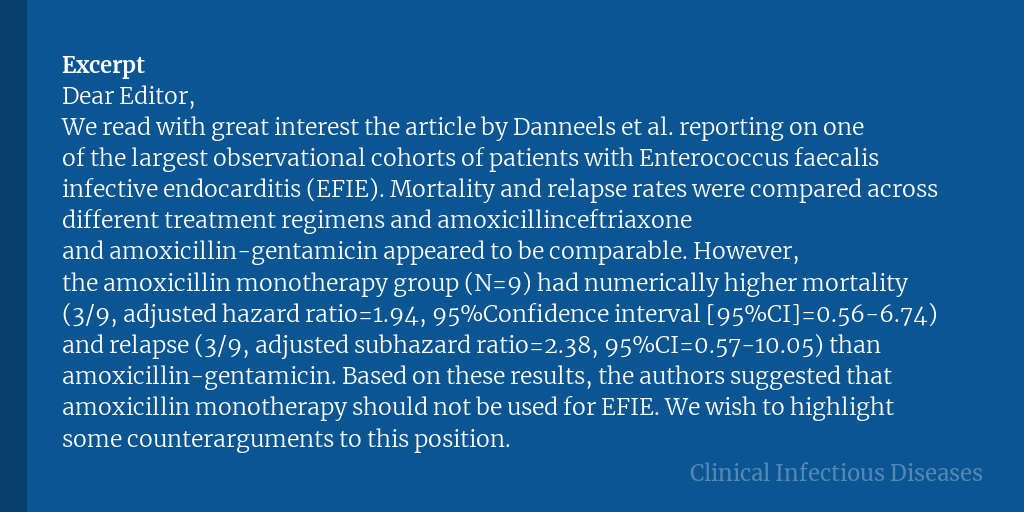 Clinical Infectious Diseases (@cidjournal) on Twitter photo Is More Always Better? Rethinking Monotherapy for Enterococcus faecalis Infective Endocarditis
✅ Just Accepted
🔗 bit.ly/3BaTaTA Is More Always Better? Rethinking Monotherapy for Enterococcus faecalis Infective Endocarditis
✅ Just Accepted
🔗 bit.ly/3BaTaTA