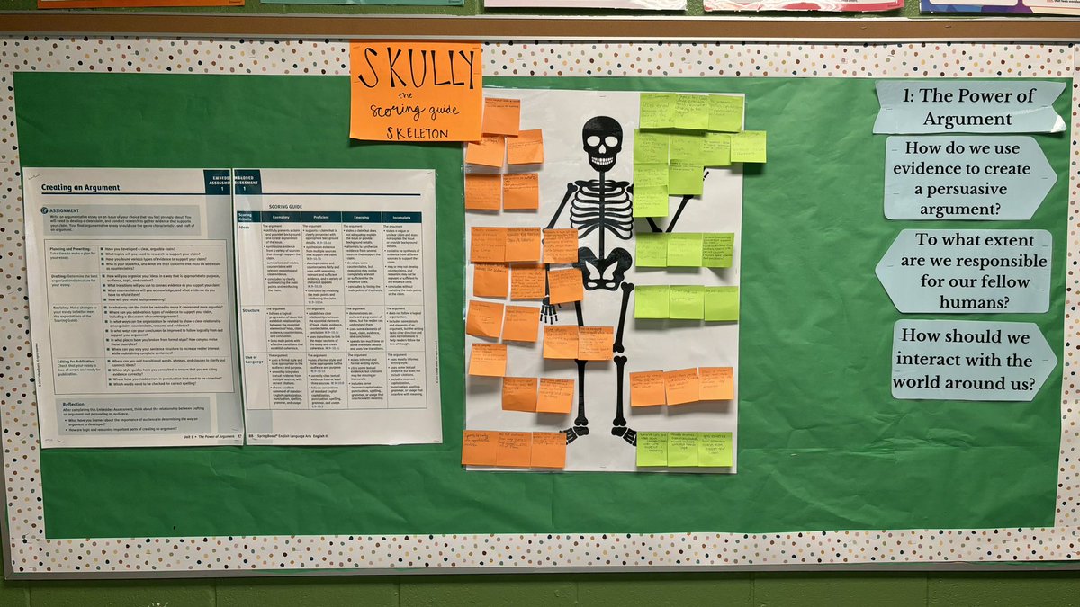 MsColeELA's tweet image. Decided to make a ~spooky~ unpacking for our embedded assessment. We call our essay outlines “skeletons” in English 2, so we fleshed out the connecting points from our scoring guide on Skully the skeleton! 
#english2 #springboard #embeddedassessment