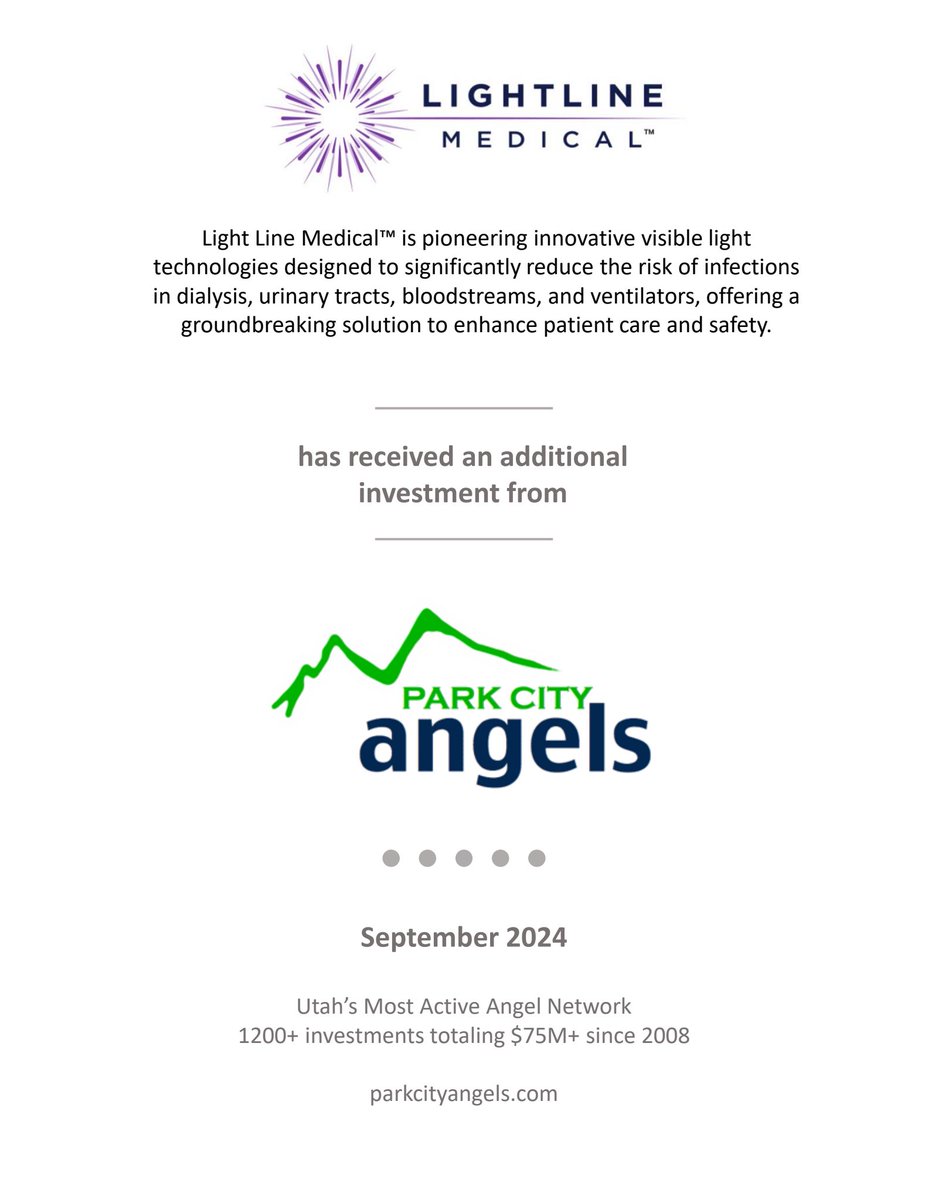 PCAngelNet's tweet photo. Park City Angels is excited to announce that our members have made an additional investment in Light Line Medical, Inc.! https://t.co/2yXg0O8Rcx