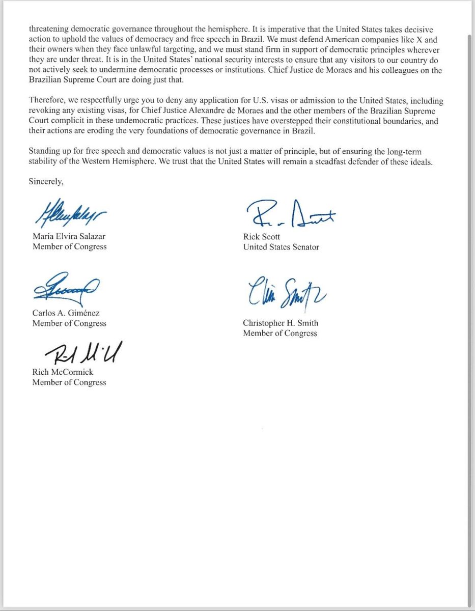 shellenberger's tweet photo. Membros do Congresso dos EUA: 

"Alexandre de Moraes está agindo como um ditador totalitário... Portanto, pedimos respeitosamente que você negue qualquer solicitação de visto dos EUA ou admissão a... Moraes e aos outros membros da Suprema Corte brasileira..."

Bravo!